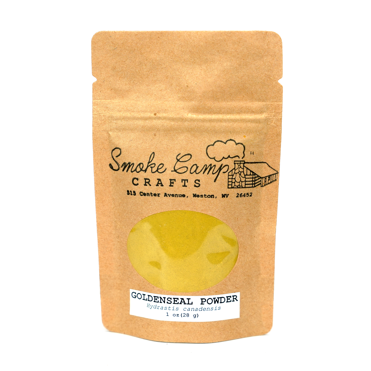 Smoke Camp Crafts Goldenseal Powder (1 oz or 4 oz) comes in a brown resealable pouch with a cabin illustration, address, and a clear window revealing the yellow organic powder inside.