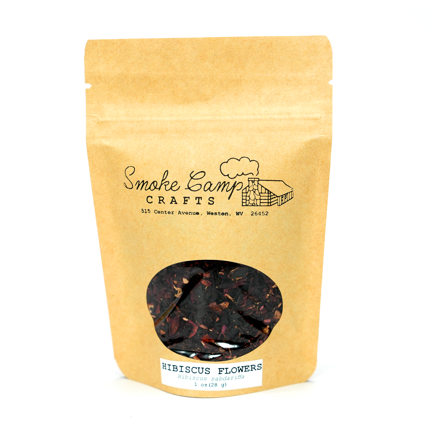 A brown paper pouch from Smoke Camp Crafts contains dried Hibiscus Flowers (1 oz), visible through a clear window—ideal for making flavorful hibiscus tea.