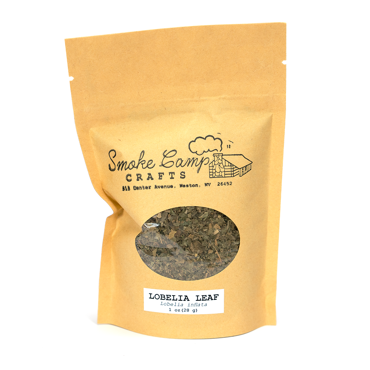 Smoke Camp Crafts' Lobelia Leaf, Dried Herb (1 oz) comes in a brown resealable bag with a clear window and white label stating "Lobelia Leaf, Lobelia inflata, 1 oz (28 g).