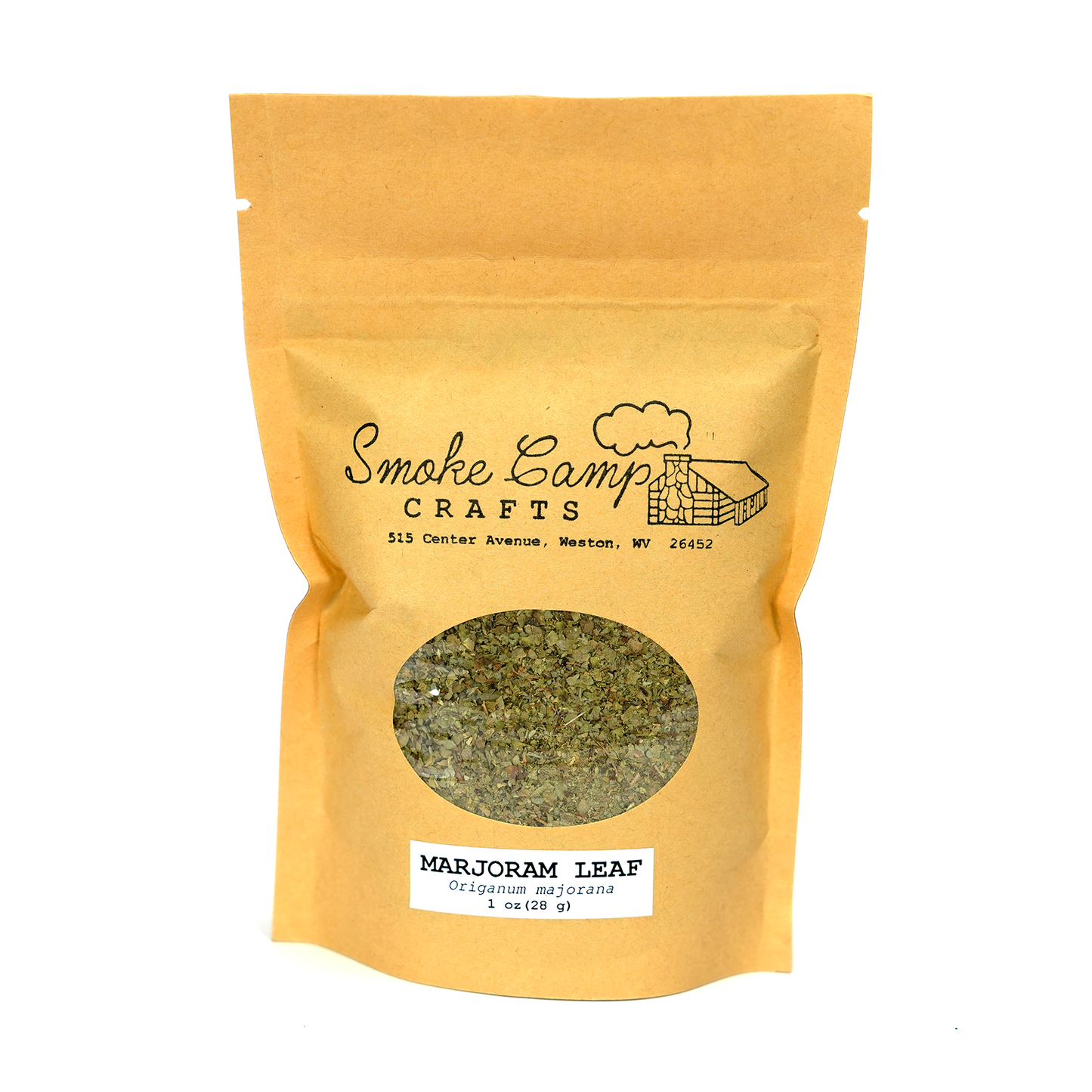 Smoke Camp Crafts Marjoram Leaf (Origanum majorana) Dried Herb comes in a brown resealable pouch with a clear window and white label, available in 1 oz or 4 oz sizes.