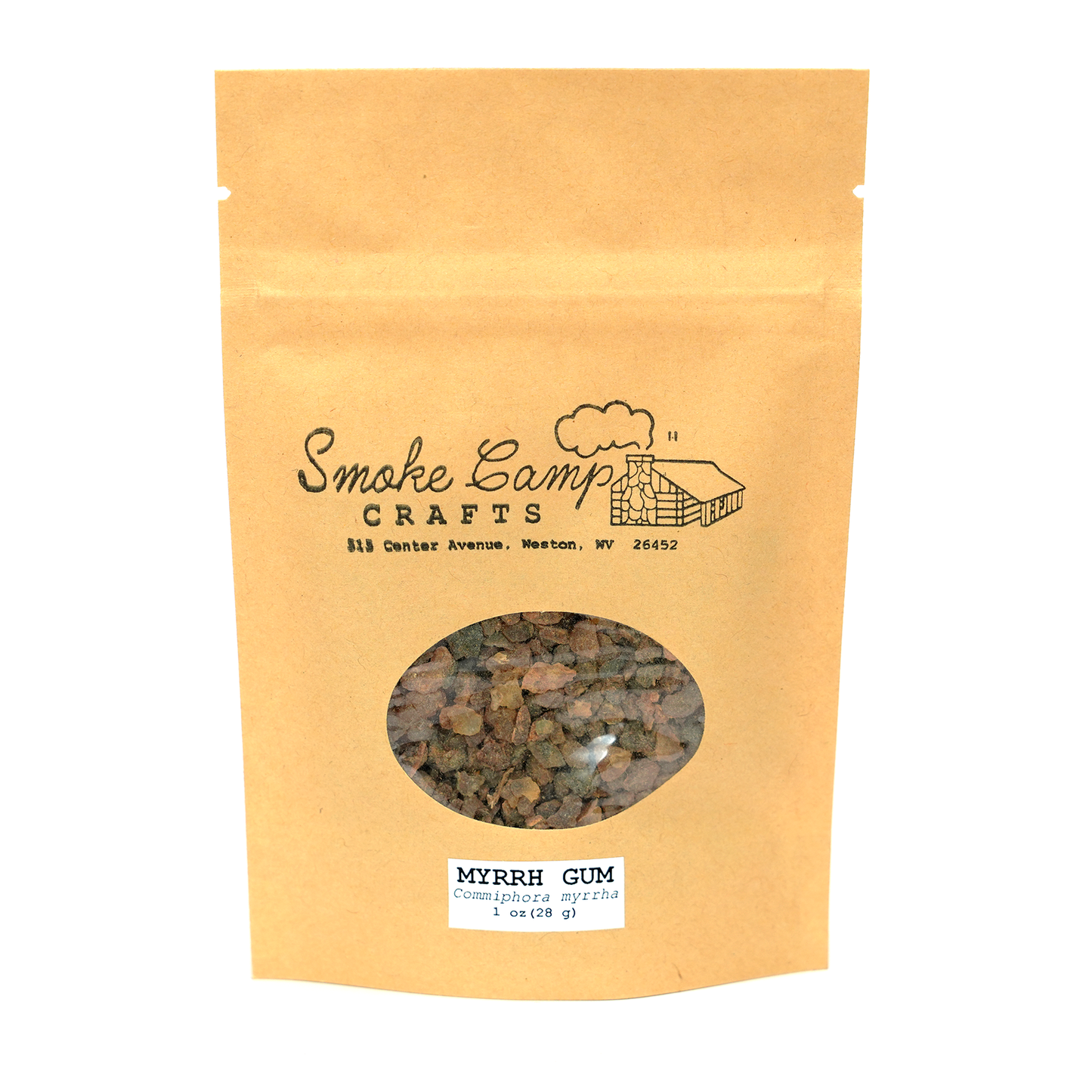 A brown resealable Smoke Camp Crafts bag contains Myrrh Gum (Commiphora myrrha), 1 oz, with the resin visible through a clear window and its botanical name displayed on the label.