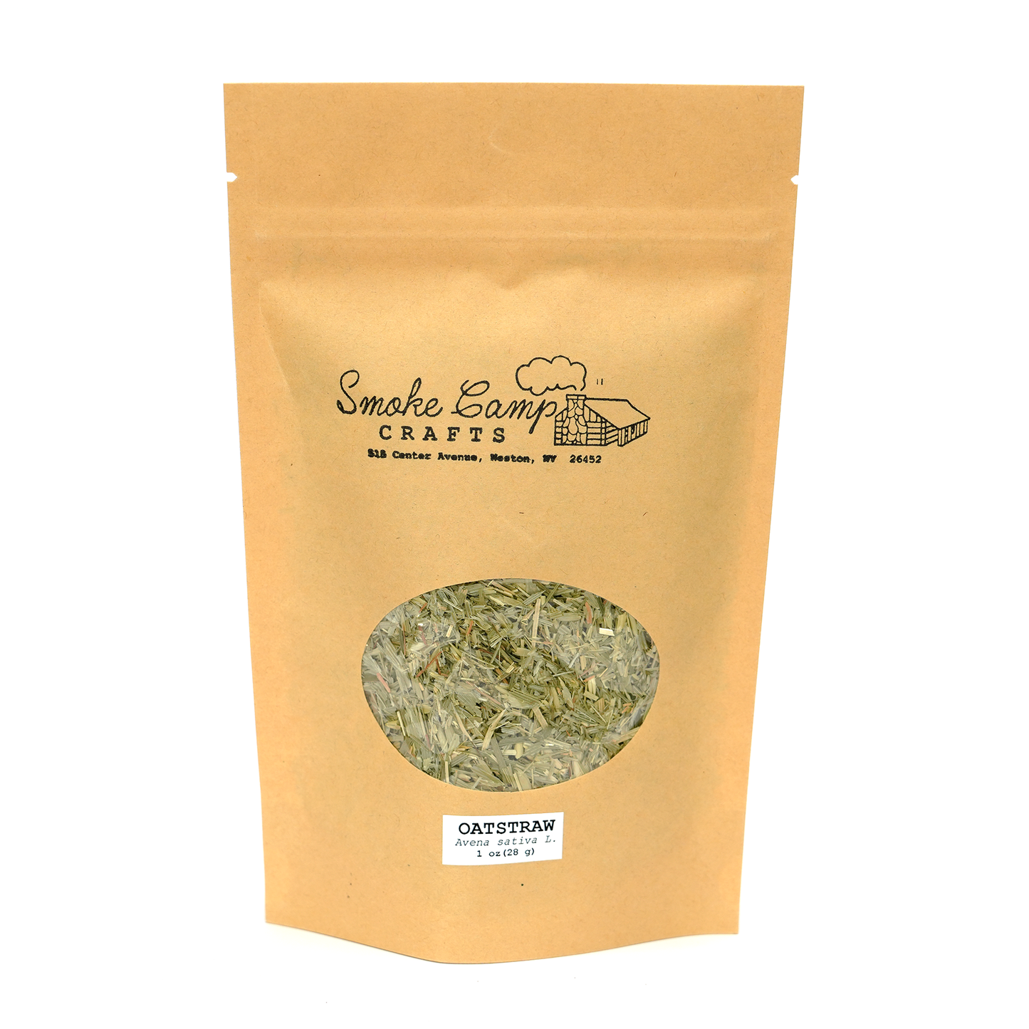 A brown resealable paper pouch labeled Smoke Camp Crafts features a clear window showing dried Oat Straw (Avena sativa) inside, with a small white label at the bottom listing product info for this 1 oz or 4 oz herbal tea.