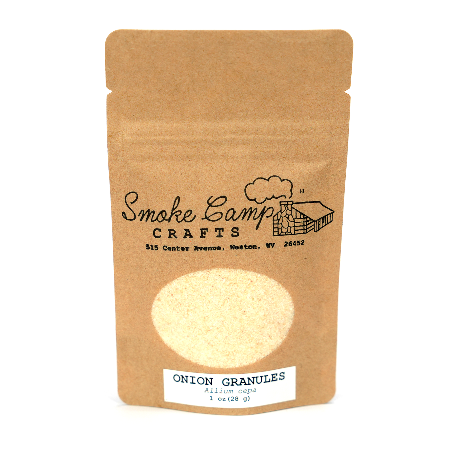 Smoke Camp Crafts Onion (Allium cepa) Dried, Granulated comes in a brown resealable pouch with a clear window and label showing 1 oz (28 g). The pouch displays the organic onion granules inside.
