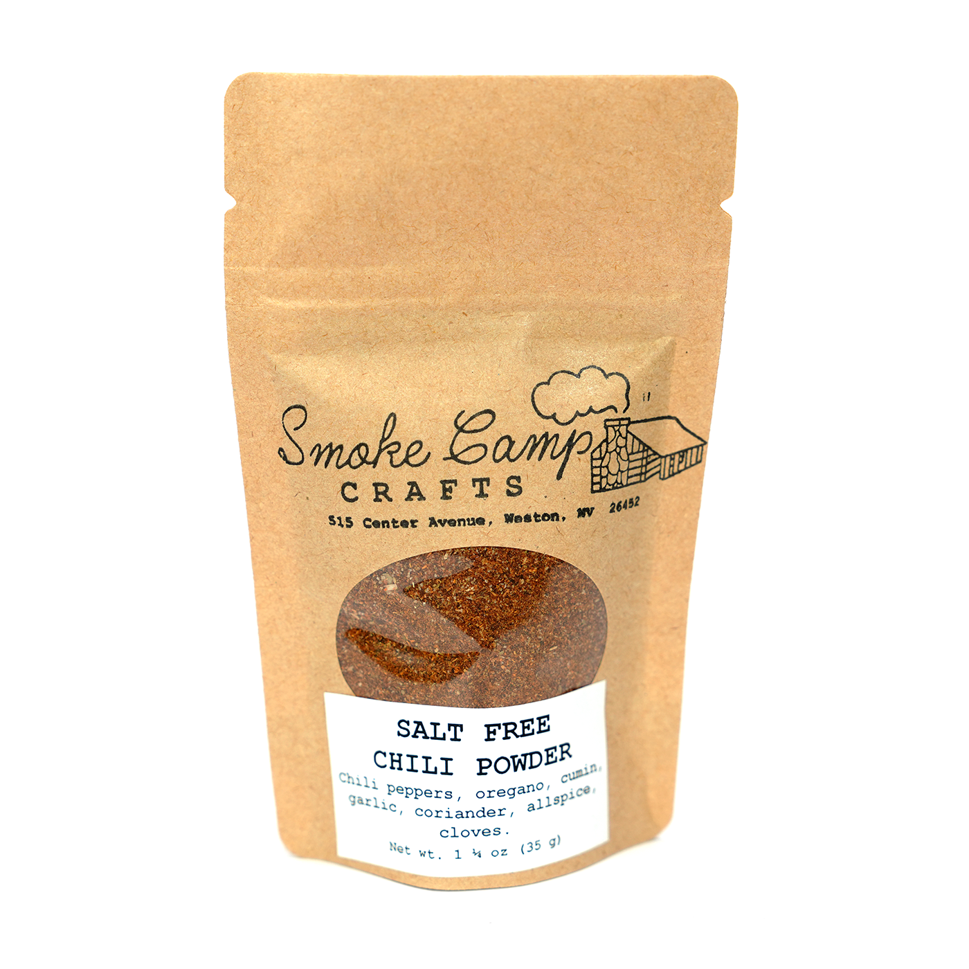 A brown resealable pouch labeled Smoke Camp Crafts Salt Free Chili Powder, 1 1/4 oz (35 g), contains a seasoning mix of chili peppers, oregano, cumin, garlic, coriander, allspice, and cloves.