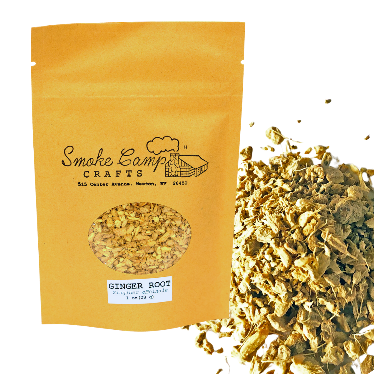 A Smoke Camp Crafts Ginger Root, Dried (1 oz or 4 oz) pouch sits beside a pile of cut and sifted ginger pieces. The brown pouch has a clear window displaying Zingiber officinale inside.
