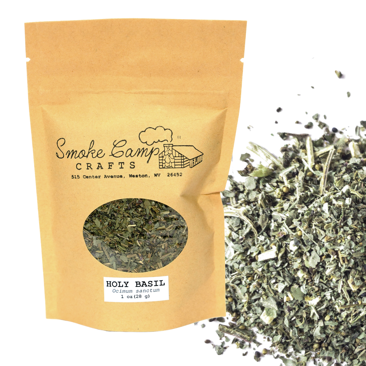 A brown paper pouch labeled Smoke Camp Crafts Holy Basil, Dried Herb – 1 oz sits beside loose dried leaves, ideal for brewing soothing Tulsi (Ocimum sanctum) tea.