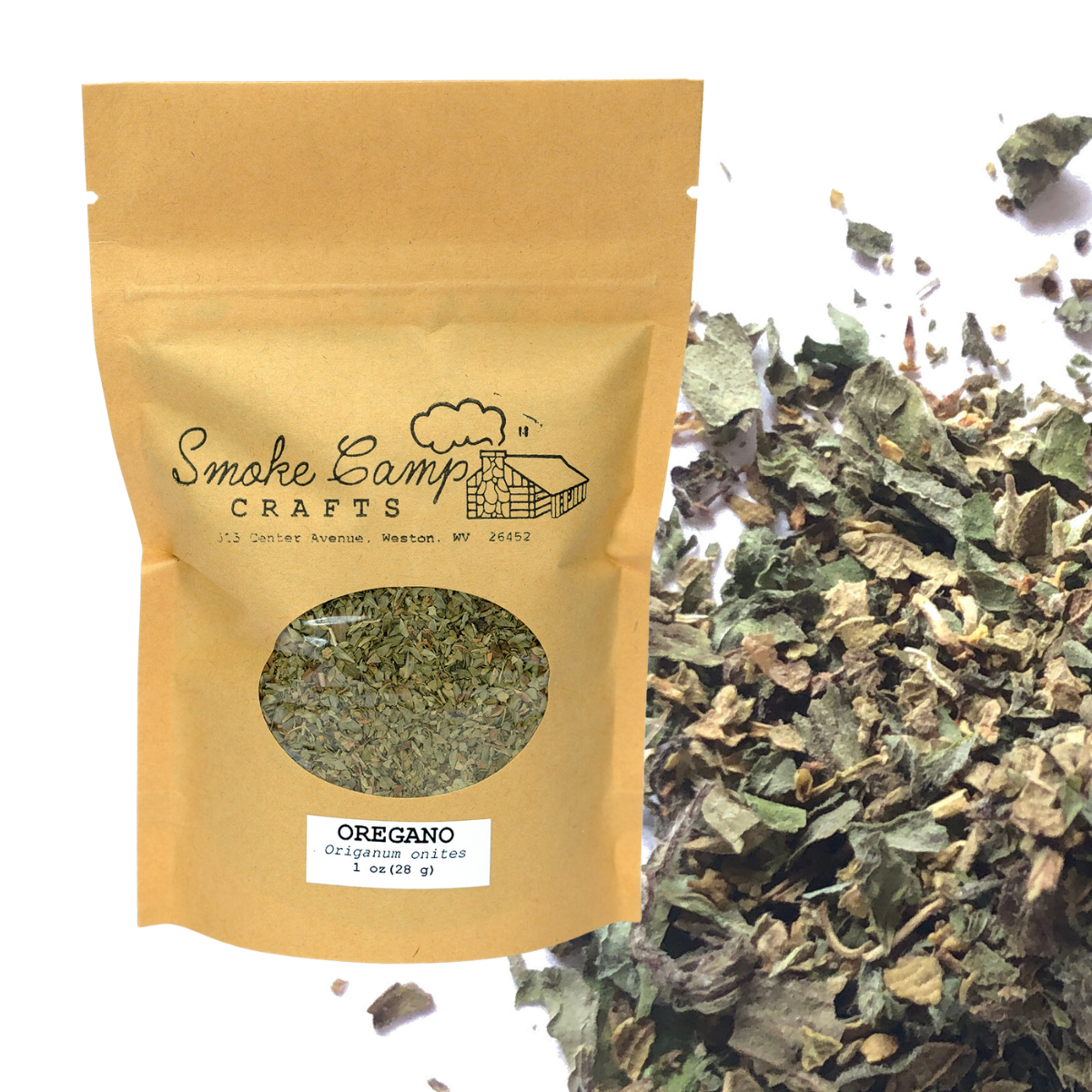 A brown resealable pouch labeled "Smoke Camp Crafts Oregano, Dried - 1 oz or 4 oz" is placed beside a close-up of oregano leaves scattered on a white background.