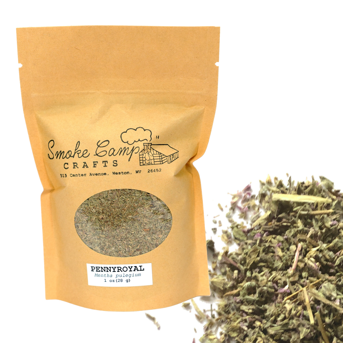 A Smoke Camp Crafts Pennyroyal (Mentha pulegium) Dried Herb bag (1 oz or 4 oz) with a clear window sits beside dried pennyroyal, displaying the herbal remedy inside.
