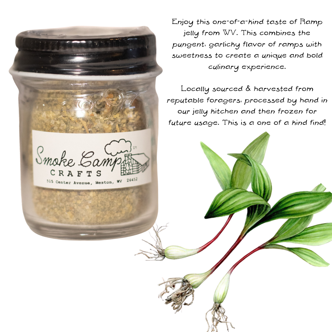 A jar of Smoke Camp Crafts Ramp Salt 1oz (28g) sits beside two illustrated ramp plants, described as a unique Appalachian culinary seasoning made with locally sourced garlicky ramps and organic sea salt from West Virginia.