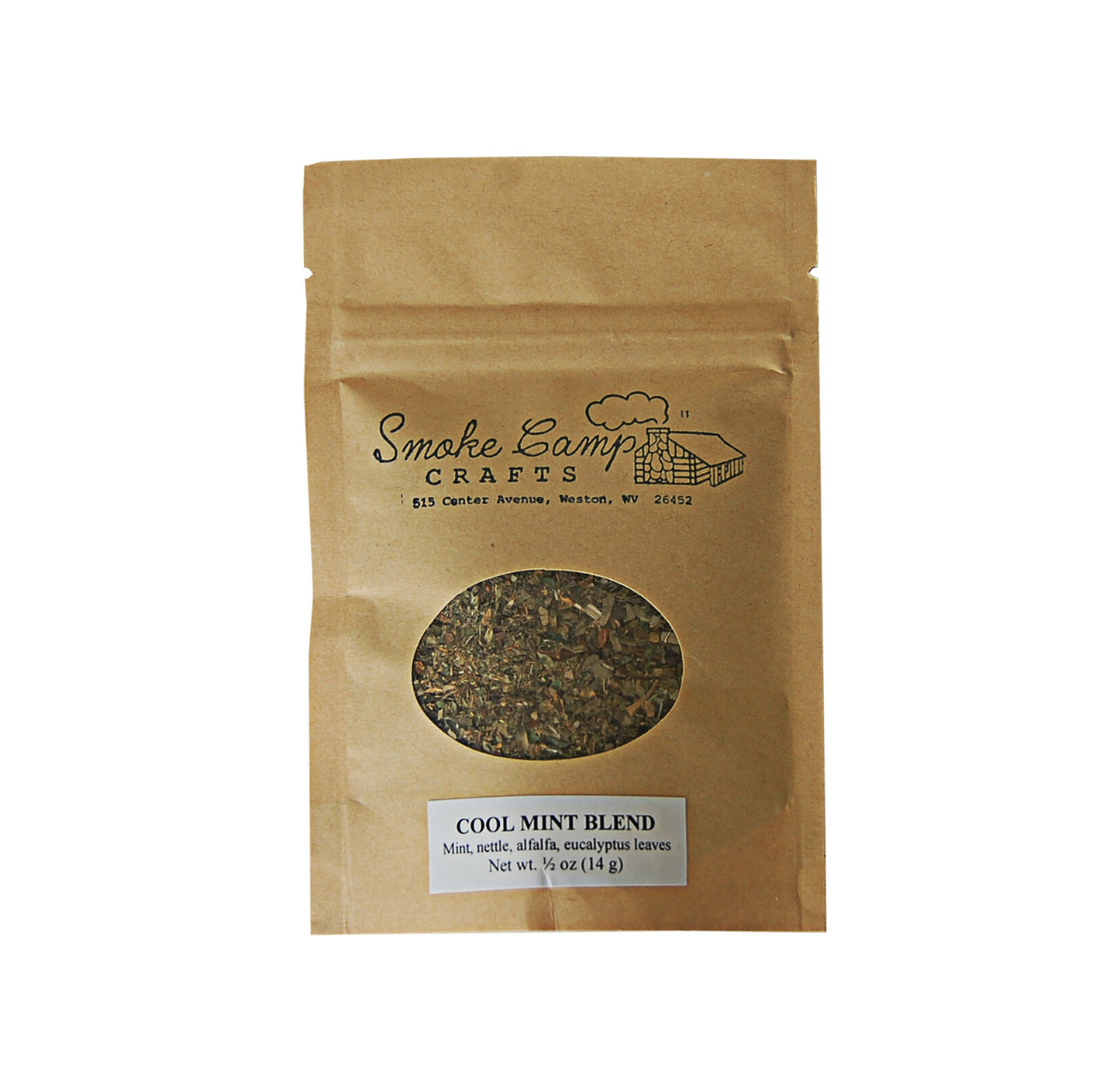 A brown paper pouch from Smoke Camp Crafts contains Cool Mint Blend herbal tea (3/4 oz, 21 g) with a clear window and a label listing mint, nettle, alfalfa, and eucalyptus leaves as ingredients.