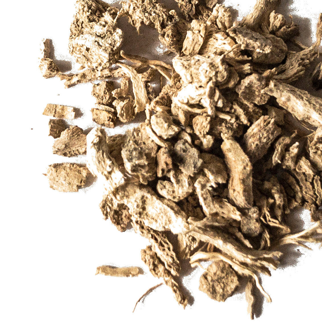 Close-up of Smoke Camp Crafts Pleurisy Root, Dried (1 oz or 4 oz), showing its fibrous, chunky pieces scattered on a bright white background—highlighting this classic herbal remedy's distinctive texture.
