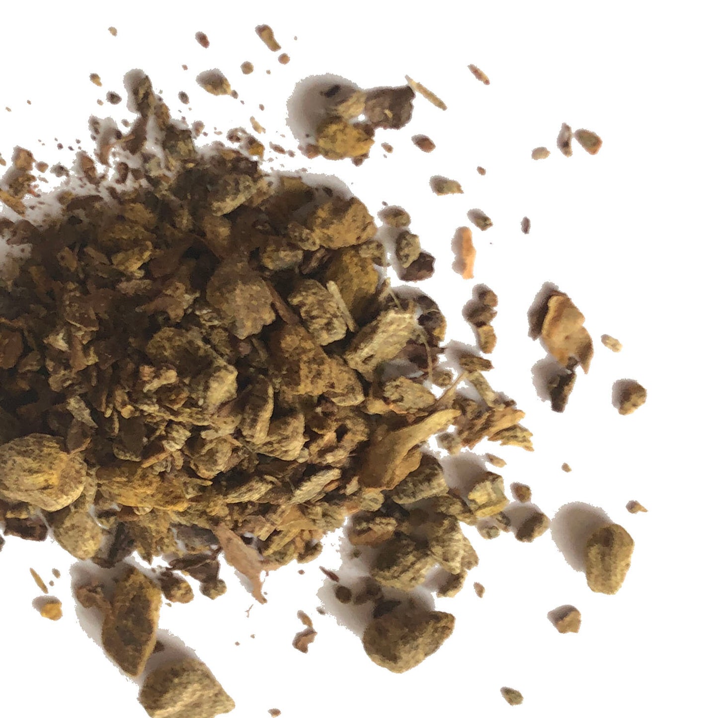 Smoke Camp Crafts Rhubarb Root, Dried (1 oz or 4 oz): Coarse, brownish pieces of Rheum palmatum scattered on a white background. Varying sizes and shapes—from small crumbs to larger chunks. A natural laxative herb.