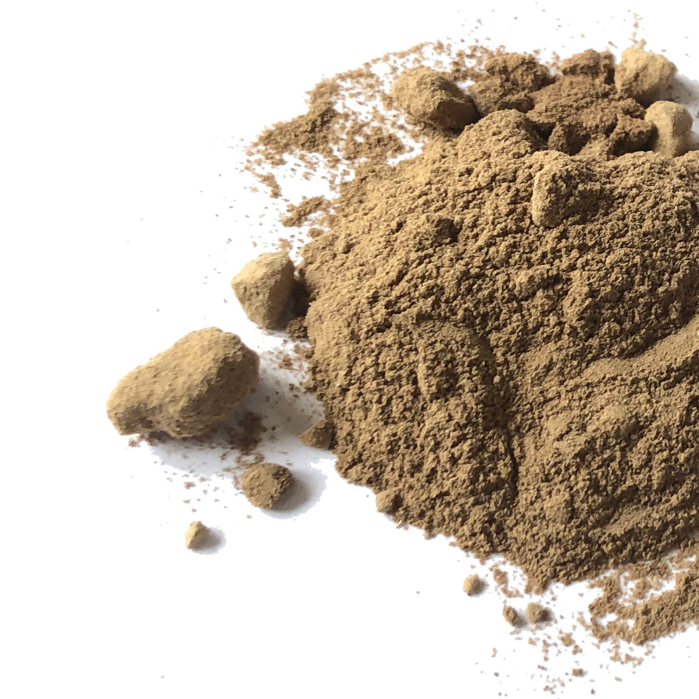 Smoke Camp Crafts Valerian Root Powder (1 oz or 4 oz) is a light brown powder with some larger clumps, shown on a white surface—commonly used as a natural sleep aid and for stress relief.