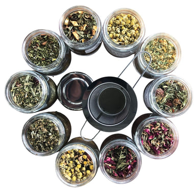 Herbal Tea Gift Set- 10-pack, 10 Sample Sized Jars with Tea Infuser