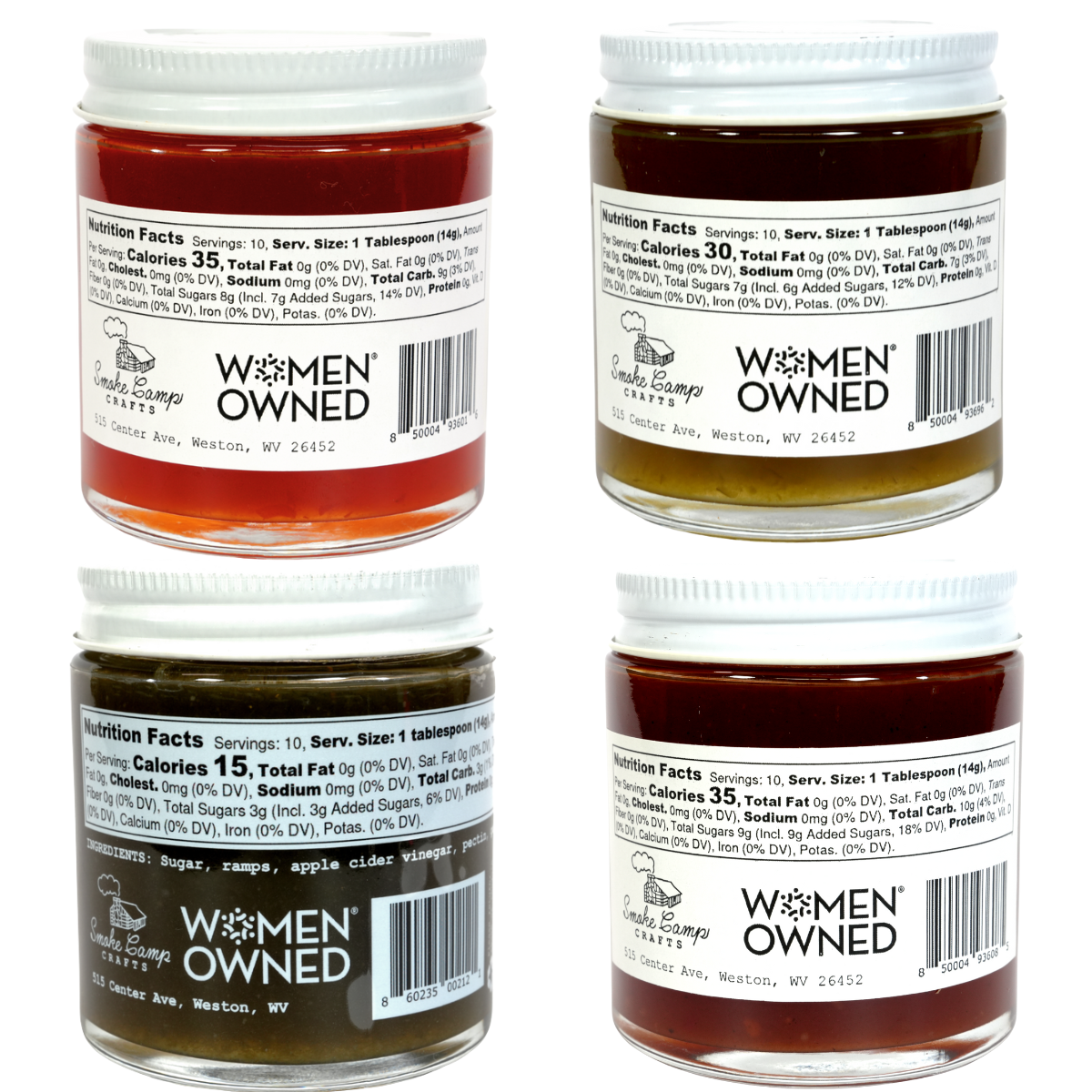Smoke Camp Crafts Four Pack Jam & Jelly Gift Set features 5 oz jars of Ramp, Spiced Tomato, Green Pepper, and Hot Pepper jellies in amber to dark hues—each with a white lid and nutrition label displaying the "Women Owned" logo.