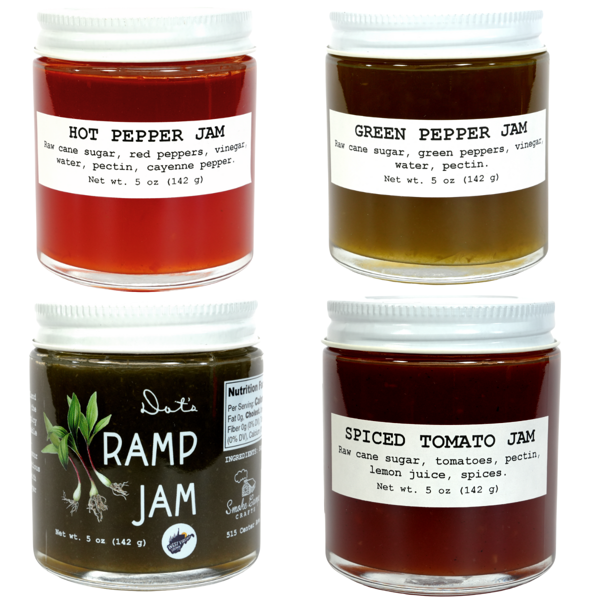 The Smoke Camp Crafts Four Pack Jam & Jelly Gift Set features 5 oz jars of Ramp Jam, Spiced Tomato Jam, Green Pepper Jelly, and Hot Pepper Jam—each labeled with ingredients for easy selection and enjoyment.