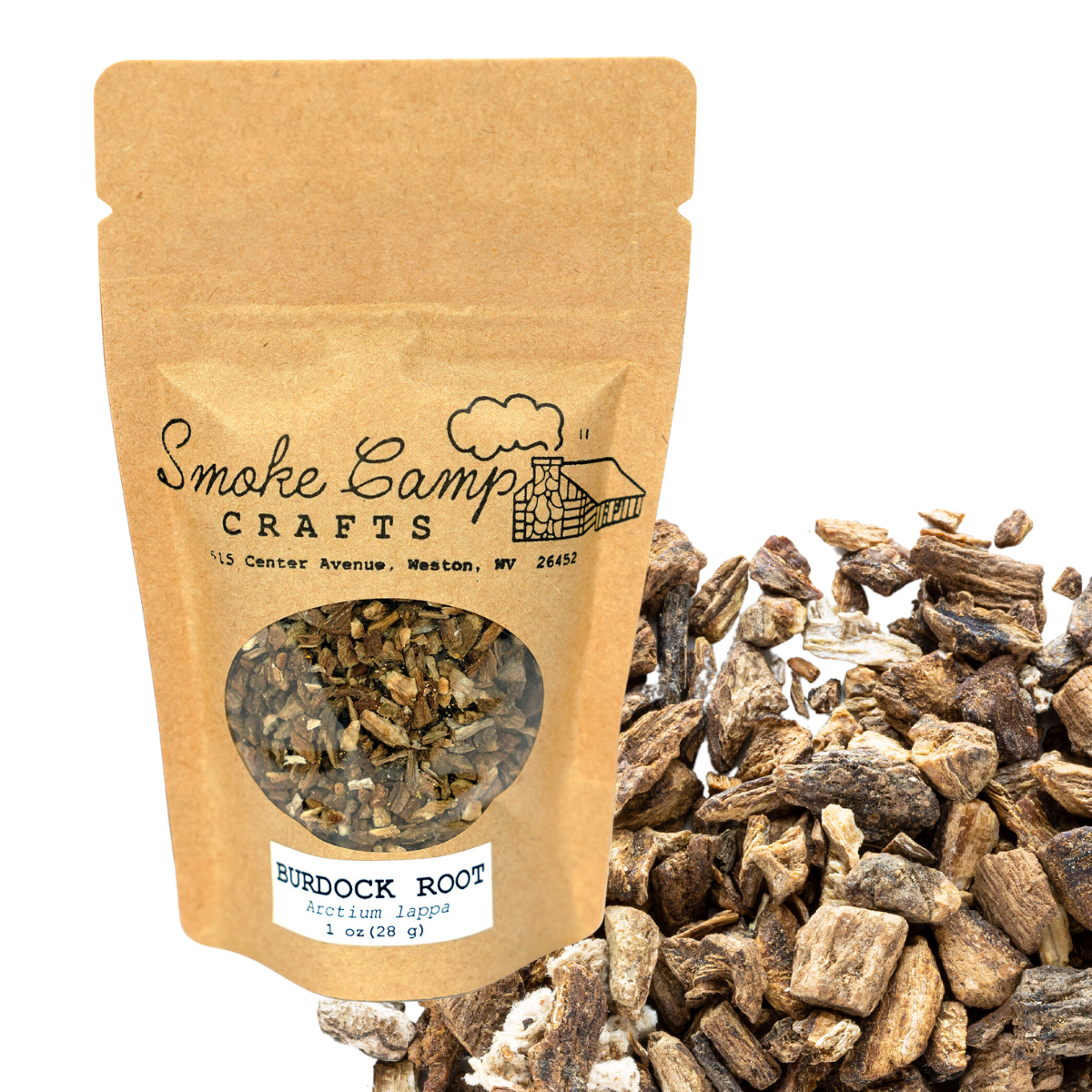 A brown resealable pouch labeled Smoke Camp Crafts Burdock Root, Dried, 1oz contains dried burdock root pieces, with some loose pieces displayed to the right of the package.
