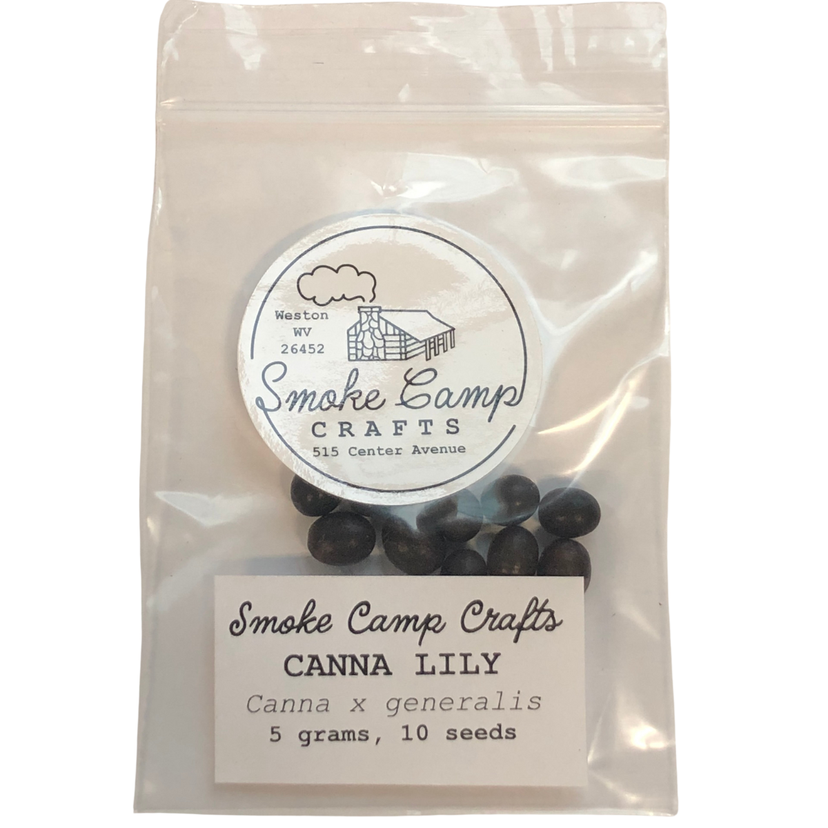 A clear bag of Red Canna Seeds (Canna x generalis) containing 10 organic seeds (5g), labeled with the Smoke Camp Crafts logo and product details from Smoke Camp Crafts, Weston, WV.