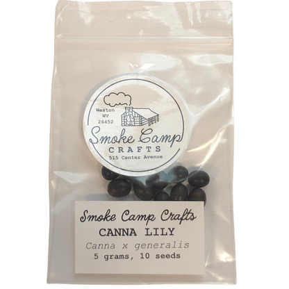A clear bag of Red Canna Seeds (Canna x generalis) containing 10 organic seeds (5g), labeled with the Smoke Camp Crafts logo and product details from Smoke Camp Crafts, Weston, WV.