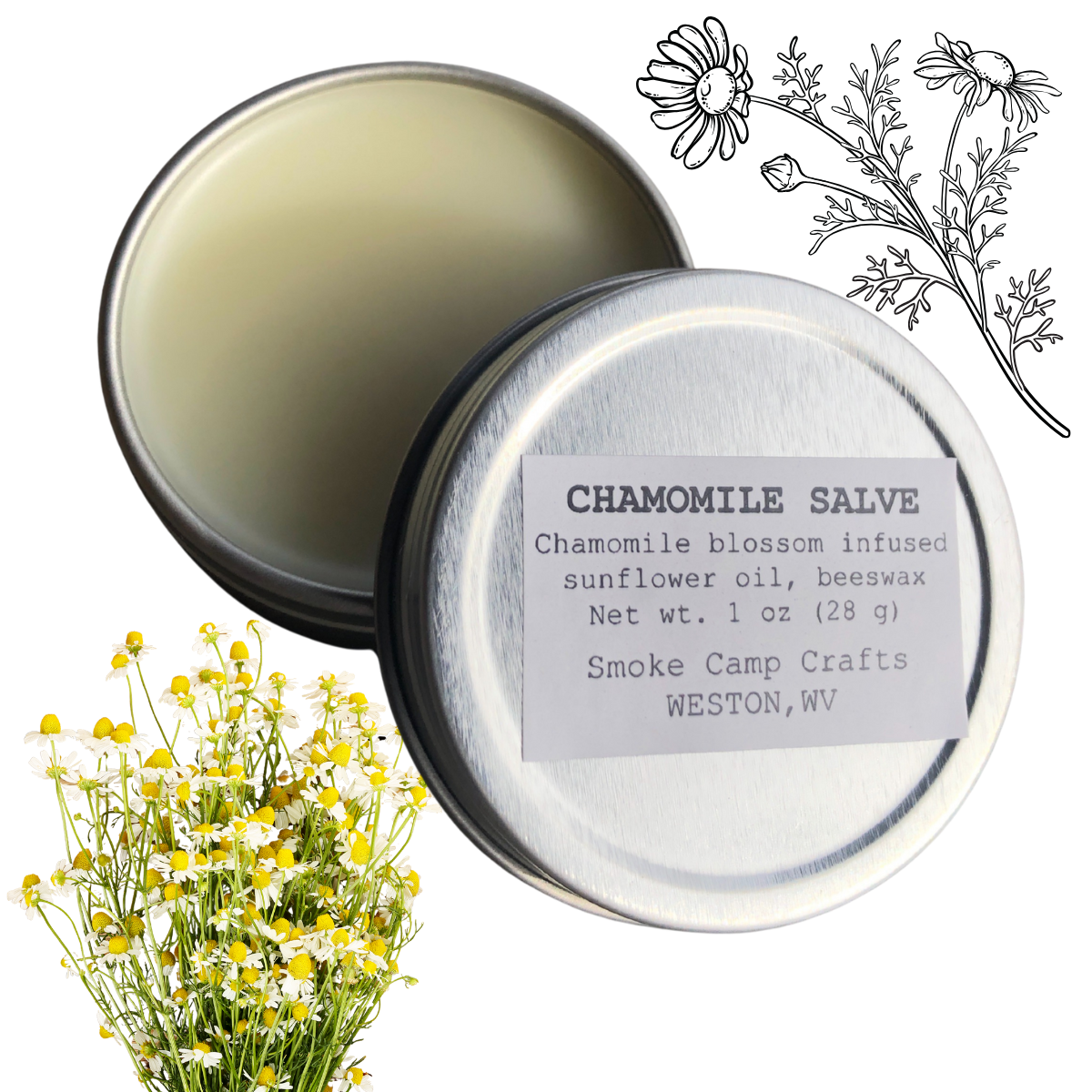 A tin of Smoke Camp Crafts Chamomile Salve, 1 oz, with its lid open reveals creamy moisturizer. The label lists ingredients and maker, while chamomile flowers and floral drawings emphasize soothing relief for dry skin.