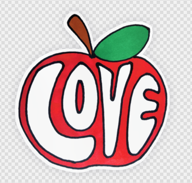 The Fruit of the Spirit Sticker Tract - LOVE by Smoke Camp Crafts features a bold white "LOVE" inside a stylized red apple with a green leaf and brown stem, inspired by Galatians 5:22–23—a perfect faith-inspired sticker.