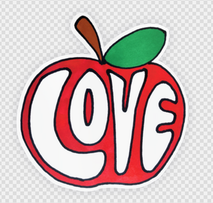 The Fruit of the Spirit Sticker Tract - LOVE by Smoke Camp Crafts features a bold white "LOVE" inside a stylized red apple with a green leaf and brown stem, inspired by Galatians 5:22–23—a perfect faith-inspired sticker.