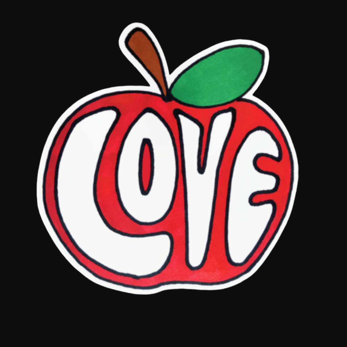 The Fruit of the Spirit Sticker Tract - LOVE by Smoke Camp Crafts features a red apple with a green leaf and "LOVE" in white letters, set against a black background—ideal for Galatians 5:22–23-inspired stickers.