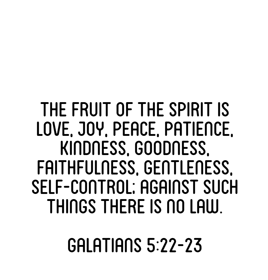 Text in a white fruit-shaped outline reads: The Fruit of the Spirit Sticker Tract - LOVE by Smoke Camp Crafts highlights Galatians 5:22–23—love, joy, peace, patience, kindness, goodness, faithfulness, gentleness, self-control.