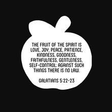 The Fruit of the Spirit Sticker Tract - LOVE by Smoke Camp Crafts features a white apple on black, Galatians 5:22–23, and the Fruit of the Spirit—perfect scripture or inspiration stickers.