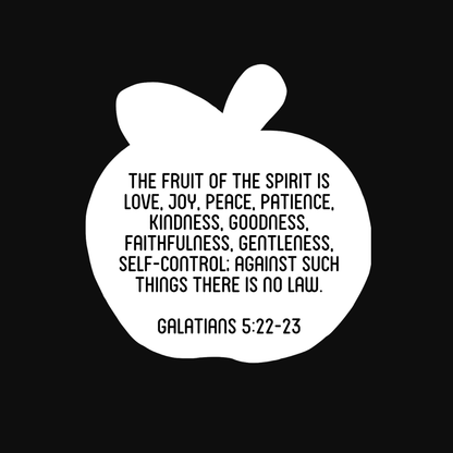 The Fruit of the Spirit Sticker Tract - LOVE by Smoke Camp Crafts features a white apple on black, Galatians 5:22–23, and the Fruit of the Spirit—perfect scripture or inspiration stickers.