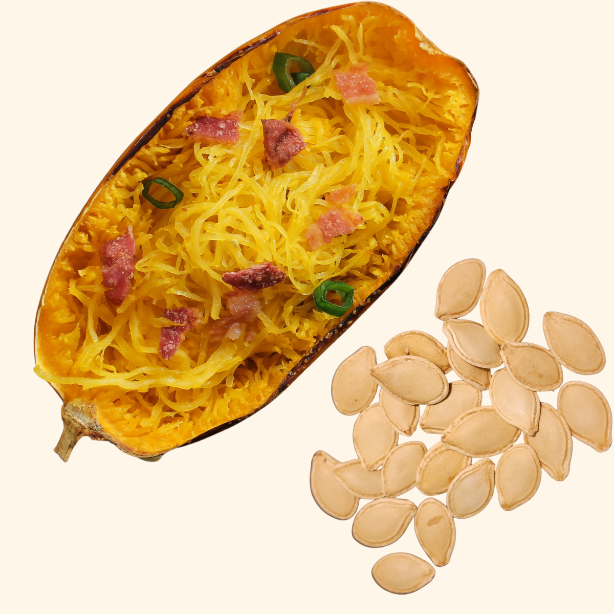 Half of a cooked spaghetti squash, filled with shredded squash, bacon, and green onions, sits next to a pile of Smoke Camp Crafts' Squash, Spaghetti (Cucurbita pepo) Organic Seeds on a light background.