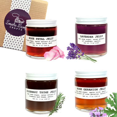 Four Pack Herbal Jam and Jelly Gift Set | Lavender Jelly | Rose Geranium Jelly | Rose Petal Jelly | Rosemary Thyme Jelly | 4-pack 5 oz Jars