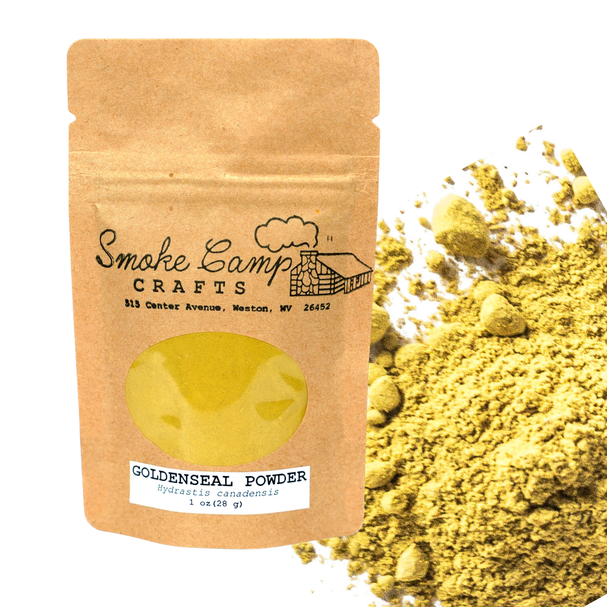 A brown paper pouch of Smoke Camp Crafts Goldenseal Powder (1 oz or 4 oz) sits beside a pile of yellowish-green powder, with a round window showing the contents inside.