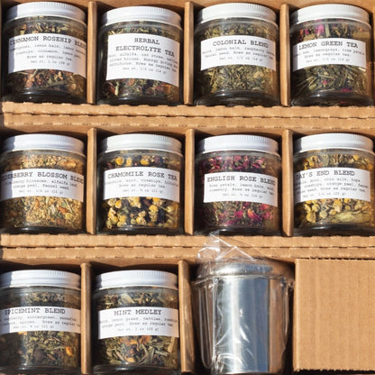 Herbal Tea Gift Set- 10-pack, 10 Sample Sized Jars with Tea Infuser