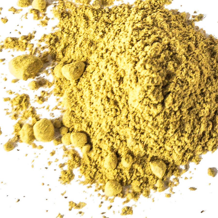 Smoke Camp Crafts Goldenseal Powder (1 oz or 4 oz) is shown as a pile of yellowish-brown organic powder with small clumps scattered on a white background.