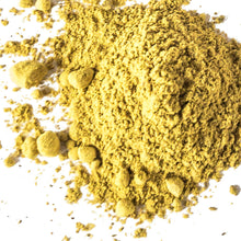 Smoke Camp Crafts Goldenseal Powder (1 oz or 4 oz) is shown as a pile of yellowish-brown organic powder with small clumps scattered on a white background.