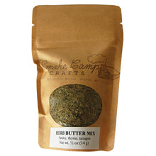A brown paper pouch labeled “Smoke Camp Crafts Herb Butter Mix, 1/2 oz (14 g)” contains parsley, thyme, and tarragon. The package features a window that shows the dried herbs inside.