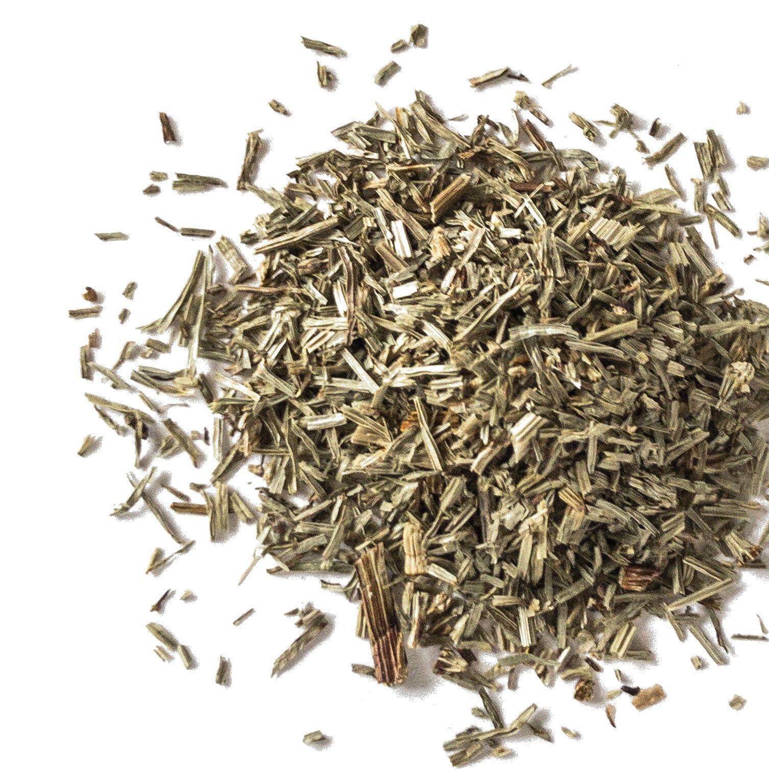 Smoke Camp Crafts Horsetail Leaves, Dried (Equisetum arvense) – 1 oz or 4 oz: Thin, straw-like pieces scattered on a white background; traditionally known for urinary support.