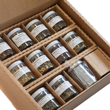 Herbal Tea Gift Set- 10-pack, 10 Sample Sized Jars with Tea Infuser