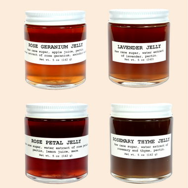 Four Pack Herbal Jam and Jelly Gift Set | Lavender Jelly | Rose Geranium Jelly | Rose Petal Jelly | Rosemary Thyme Jelly | 4-pack 5 oz Jars