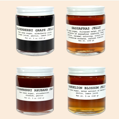 Four Pack Traditional Jam and Jelly Gift Set | Sassafrass Jelly | Elderberry Grape Jelly |Strawberry Rhubarb Jam | Dandelion Blossom Jelly | 4-pack 5 oz Jars