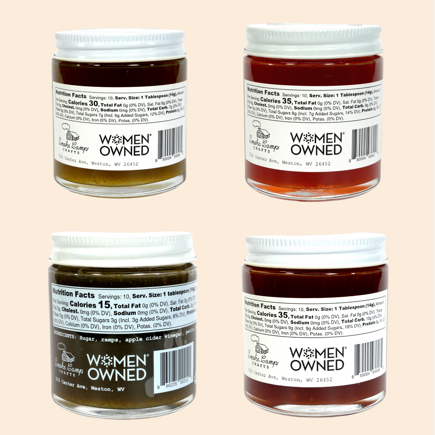 Four Pack Jam & Jelly Gift Set | Savory Jam & Jelly Collection |  Ramp  | Spiced Tomato | Green Pepper | Hot Pepper | 4-pack 5 oz Jars